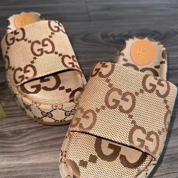 Gucci Beige and Brown Monogram Sandals Women main image 2